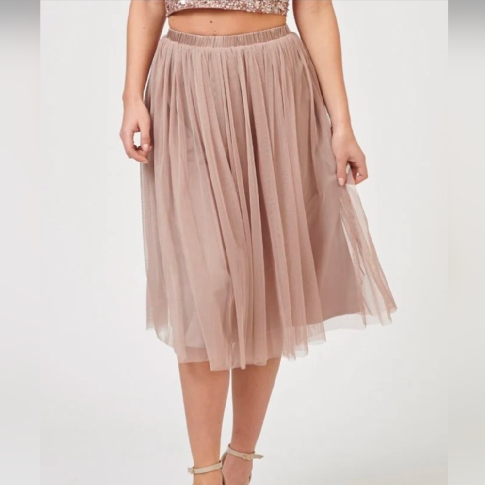 Lace & Beads Skirt NWT Size 10 Golden Rose Midi Lined Pleated High Waist Sheer